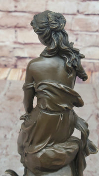 Hyppolyte Moreau Bronze Maiden Sitting on Floral Base Sculpture with Marble Pedestal