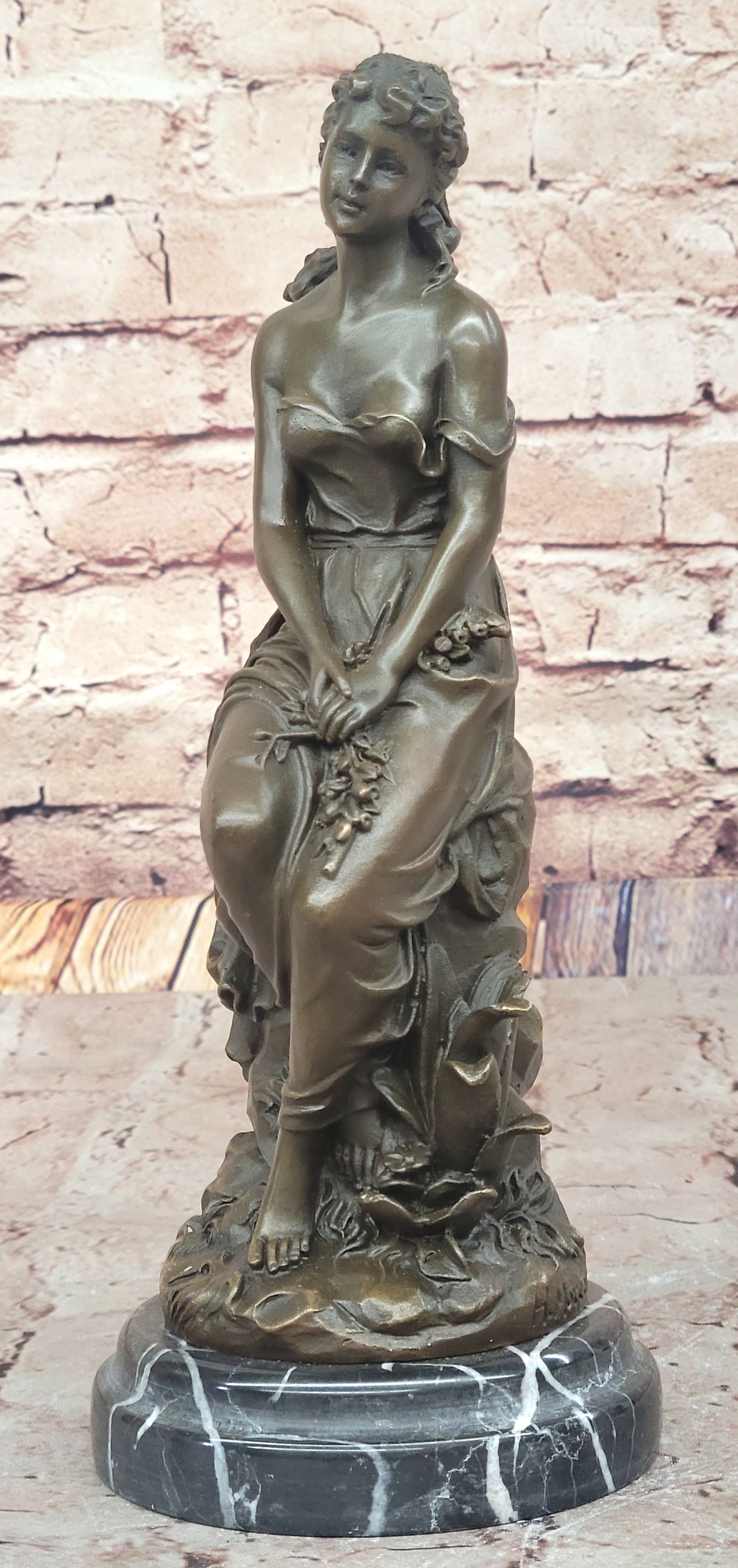 Hyppolyte Moreau Bronze Maiden Sitting on Floral Base Sculpture with Marble Pedestal