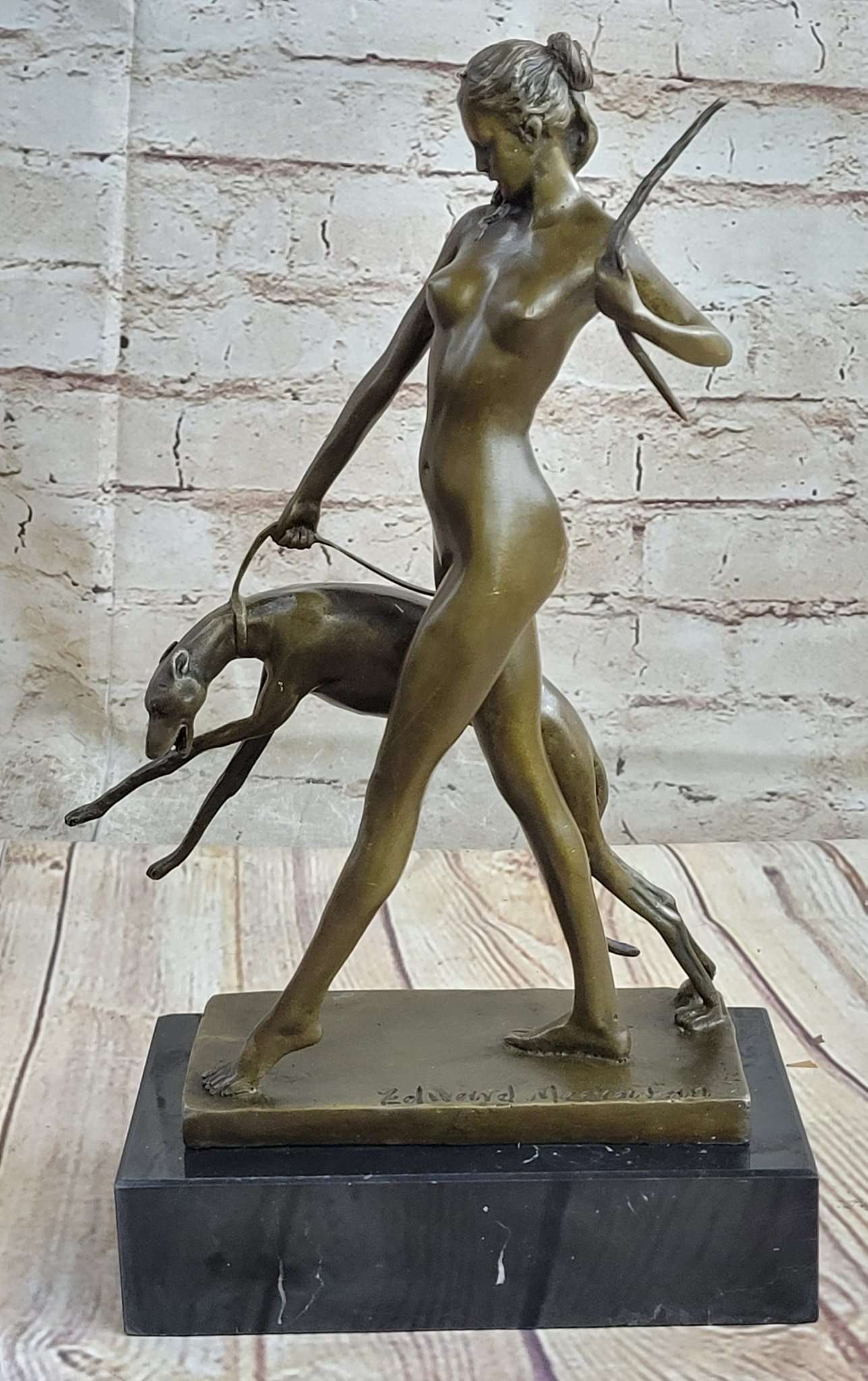 Signed Nude Diana the Huntress with Hunting dog Bronze Sculpture Marble Base Statue