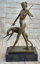 Signed Nude Diana the Huntress with Hunting dog Bronze Sculpture Marble Base Statue