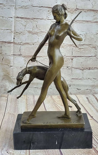 Signed Nude Diana the Huntress with Hunting dog Bronze Sculpture Marble Base Statue
