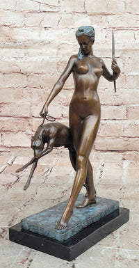 Art Deco 1920 Style Nude Diana the Huntress Dogs Bronze Statue Sculpture Figure