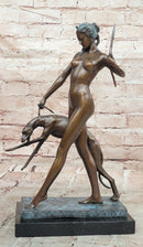 Art Deco 1920 Style Nude Diana the Huntress Dogs Bronze Statue Sculpture Figure