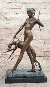 Art Deco 1920 Style Nude Diana the Huntress Dogs Bronze Statue Sculpture Figure