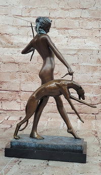 Art Deco 1920 Style Nude Diana the Huntress Dogs Bronze Statue Sculpture Figure