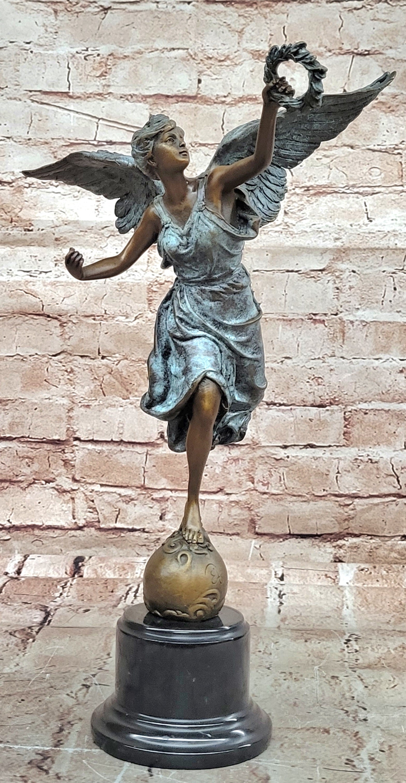 Bronze Sculpture Angel with Laurel Wreath Winged Victory