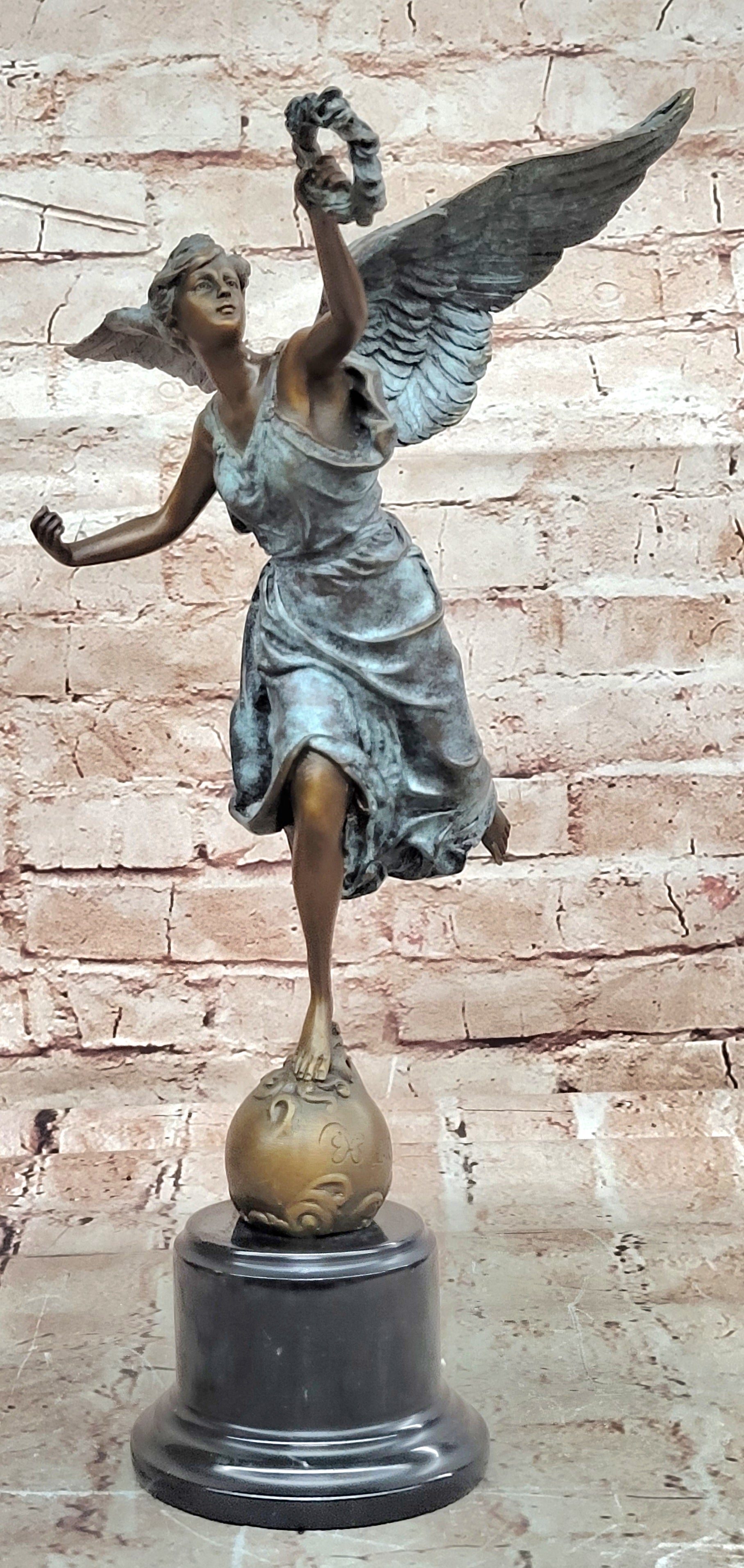 Bronze Sculpture Angel with Laurel Wreath Winged Victory