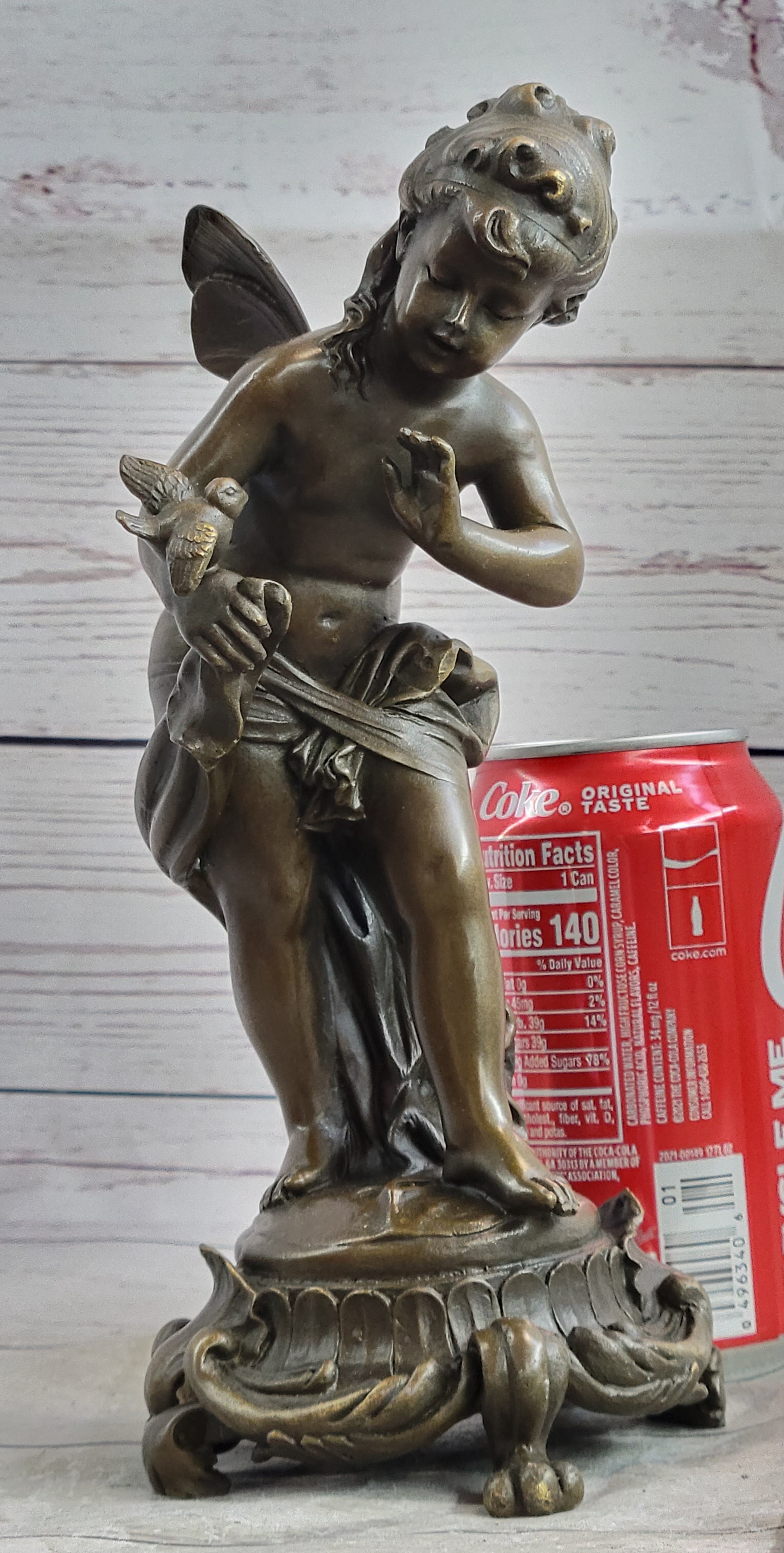 Nude Fairy Nymph Girl & Bird French Bronze Sculpture