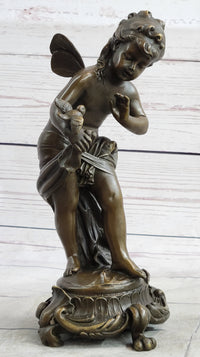 Nude Fairy Nymph Girl & Bird French Bronze Sculpture