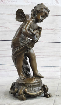 Nude Fairy Nymph Girl & Bird French Bronze Sculpture