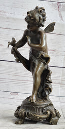 Nude Fairy Nymph Girl & Bird French Bronze Sculpture