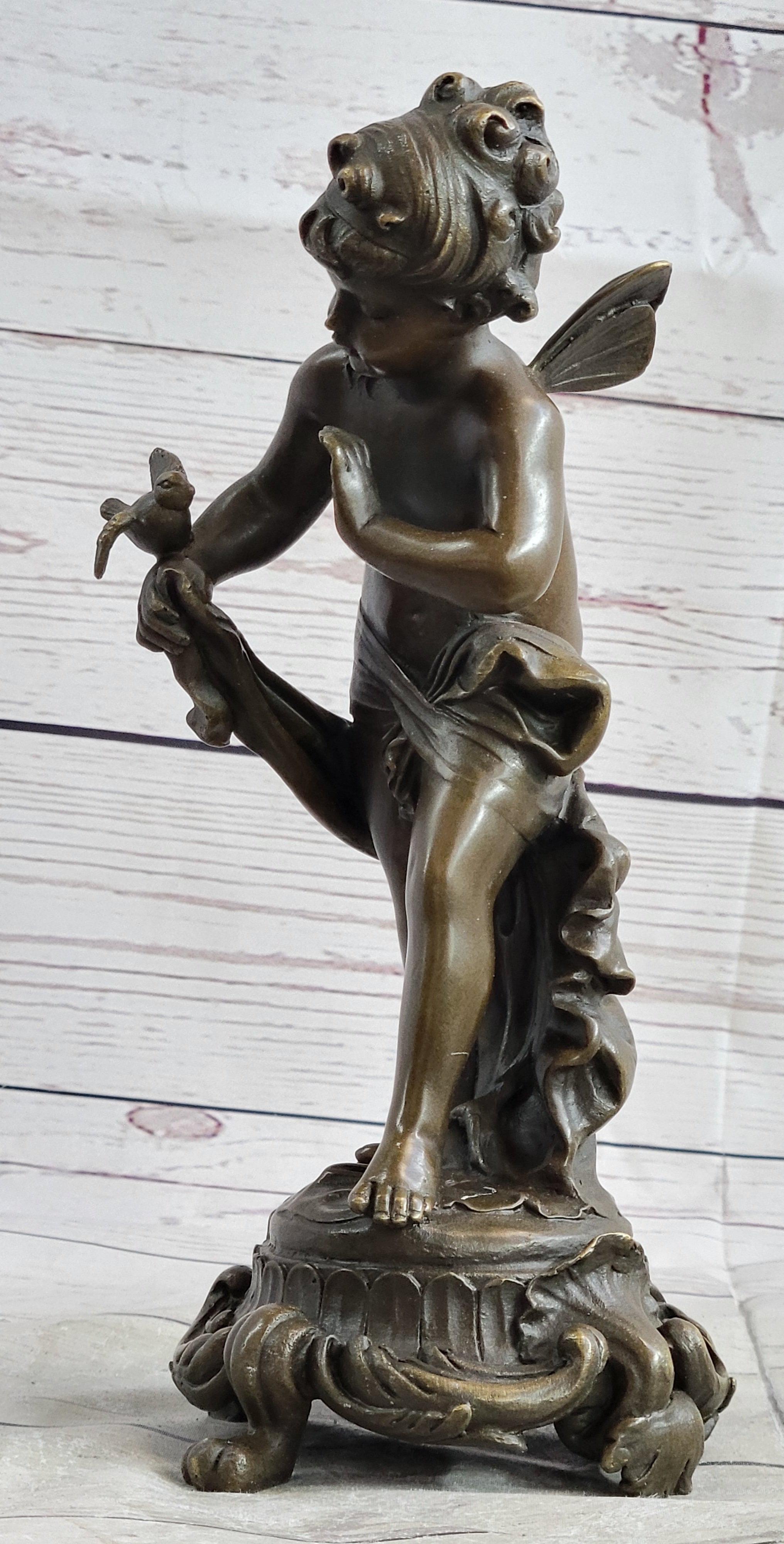 Nude Fairy Nymph Girl & Bird French Bronze Sculpture