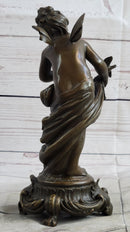 Nude Fairy Nymph Girl & Bird French Bronze Sculpture