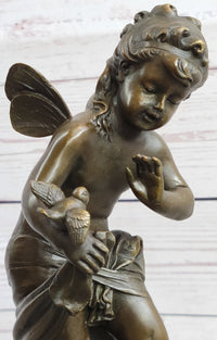 Nude Fairy Nymph Girl & Bird French Bronze Sculpture