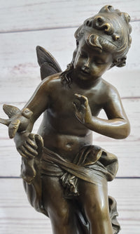 Nude Fairy Nymph Girl & Bird French Bronze Sculpture