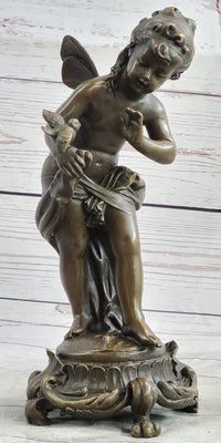 Nude Fairy Nymph Girl & Bird French Bronze Sculpture