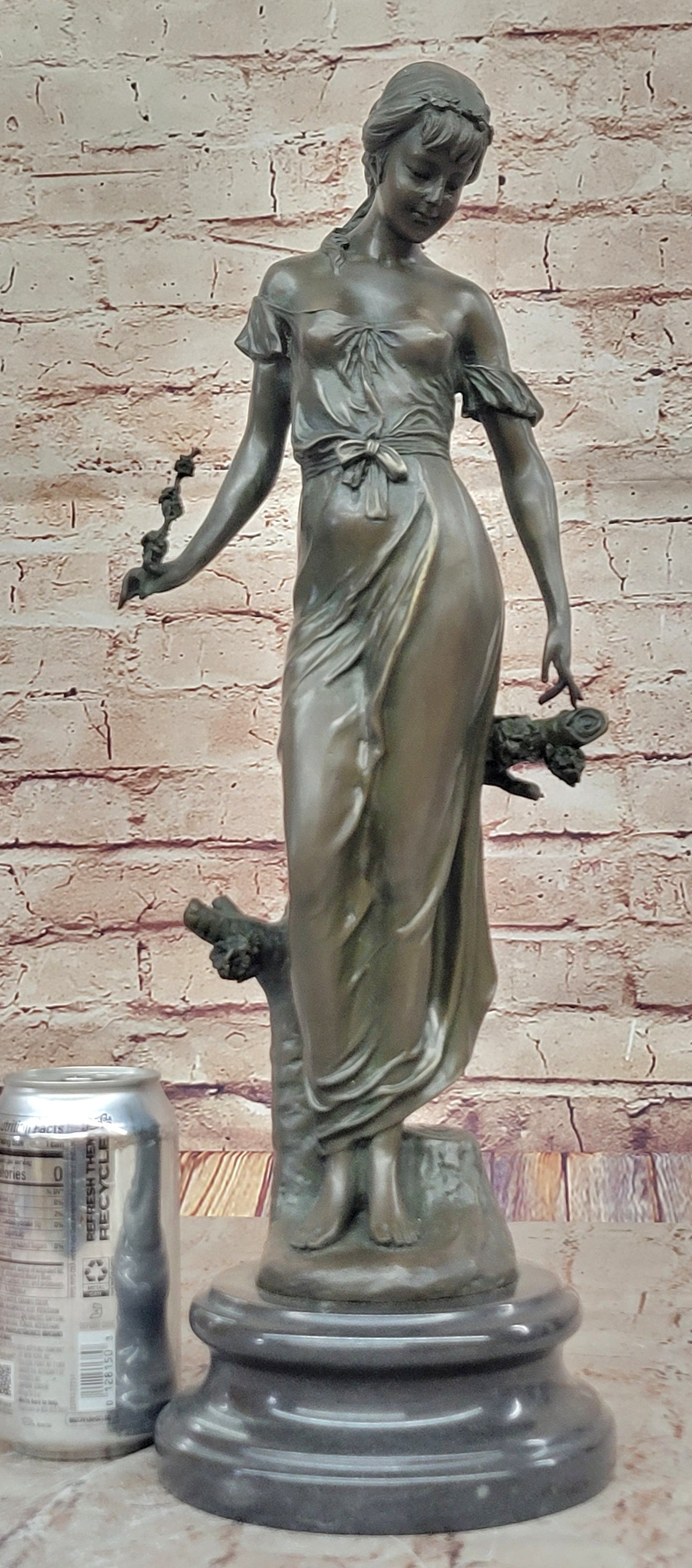 Graceful Bronze Lady Sculpture Holding a Floral Branch, Standing on a Marble Pedestal Base
