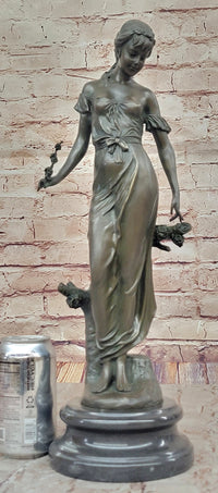 Graceful Bronze Lady Sculpture Holding a Floral Branch, Standing on a Marble Pedestal Base