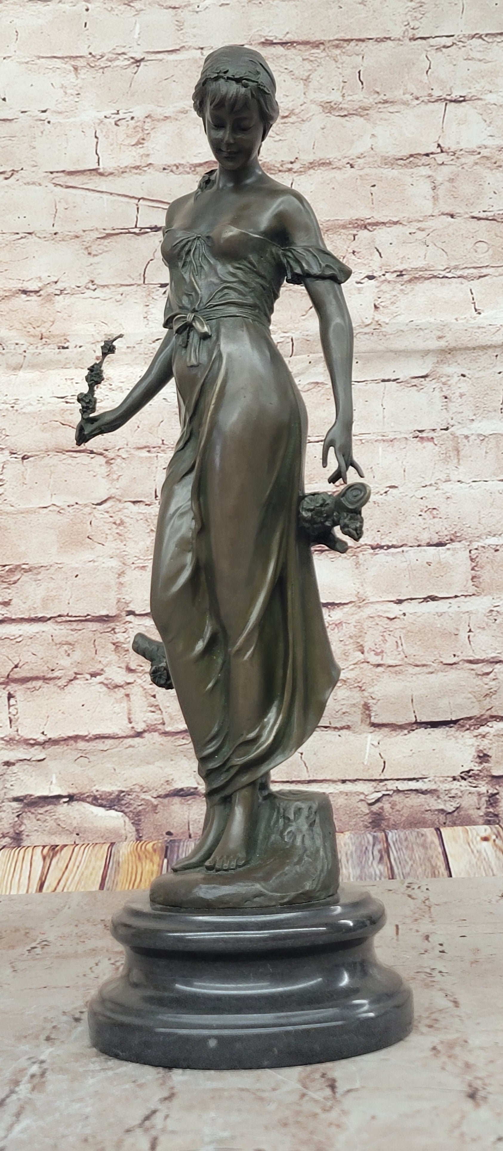 Graceful Bronze Lady Sculpture Holding a Floral Branch, Standing on a Marble Pedestal Base