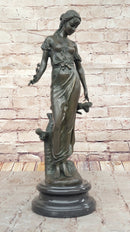 Graceful Bronze Lady Sculpture Holding a Floral Branch, Standing on a Marble Pedestal Base