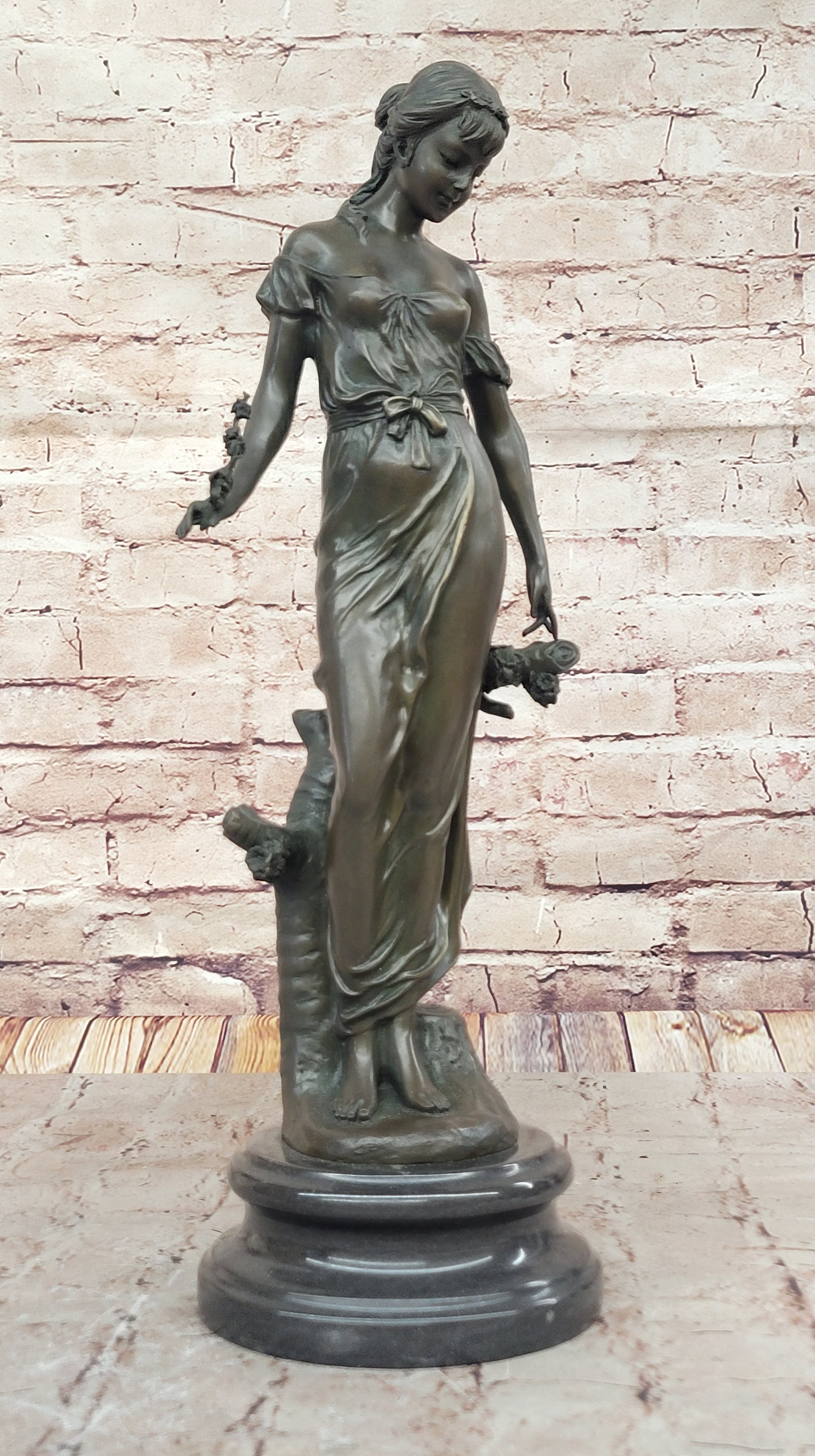Graceful Bronze Lady Sculpture Holding a Floral Branch, Standing on a Marble Pedestal Base