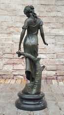 Graceful Bronze Lady Sculpture Holding a Floral Branch, Standing on a Marble Pedestal Base