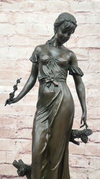 Graceful Bronze Lady Sculpture Holding a Floral Branch, Standing on a Marble Pedestal Base