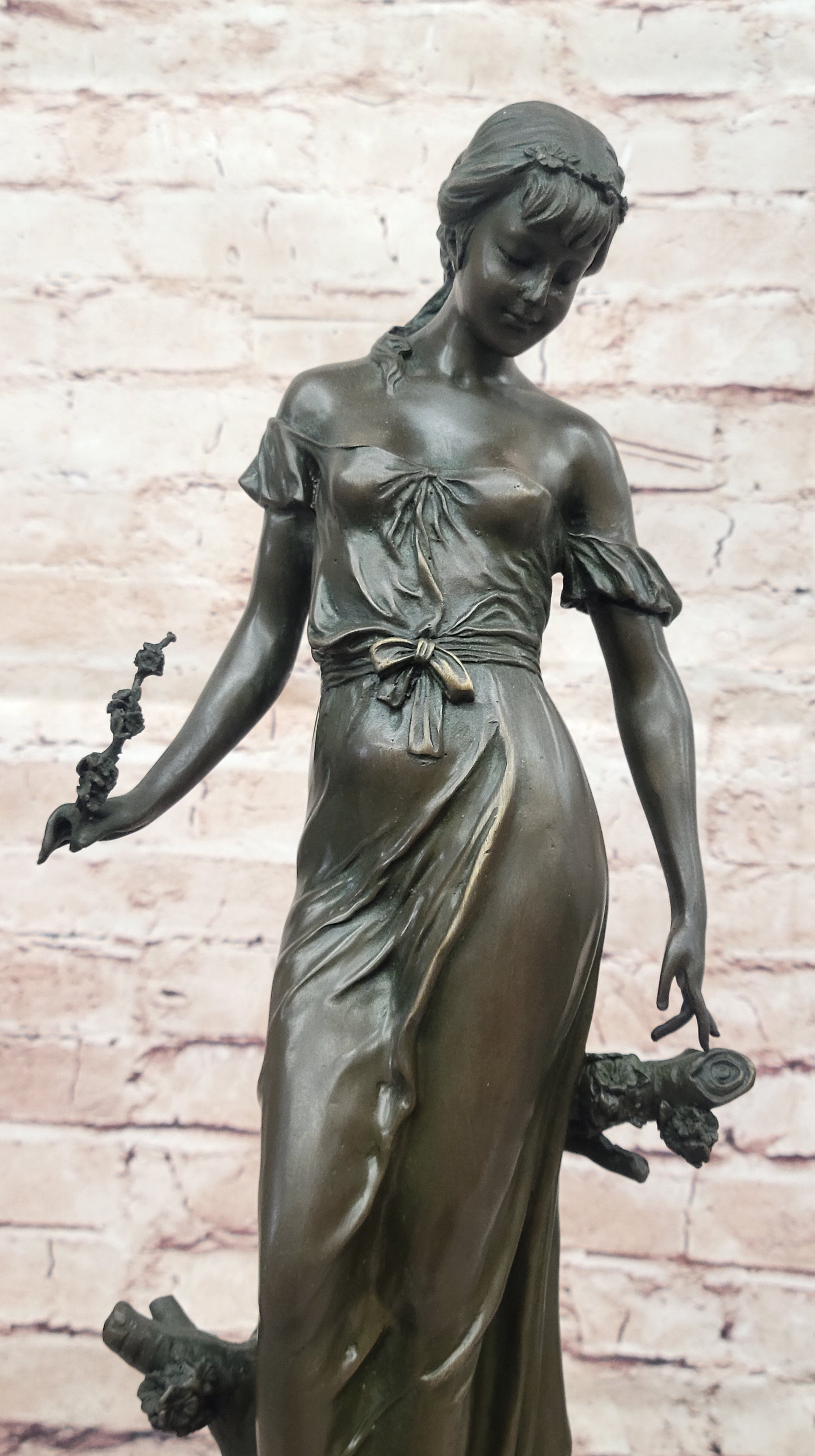 Graceful Bronze Lady Sculpture Holding a Floral Branch, Standing on a Marble Pedestal Base