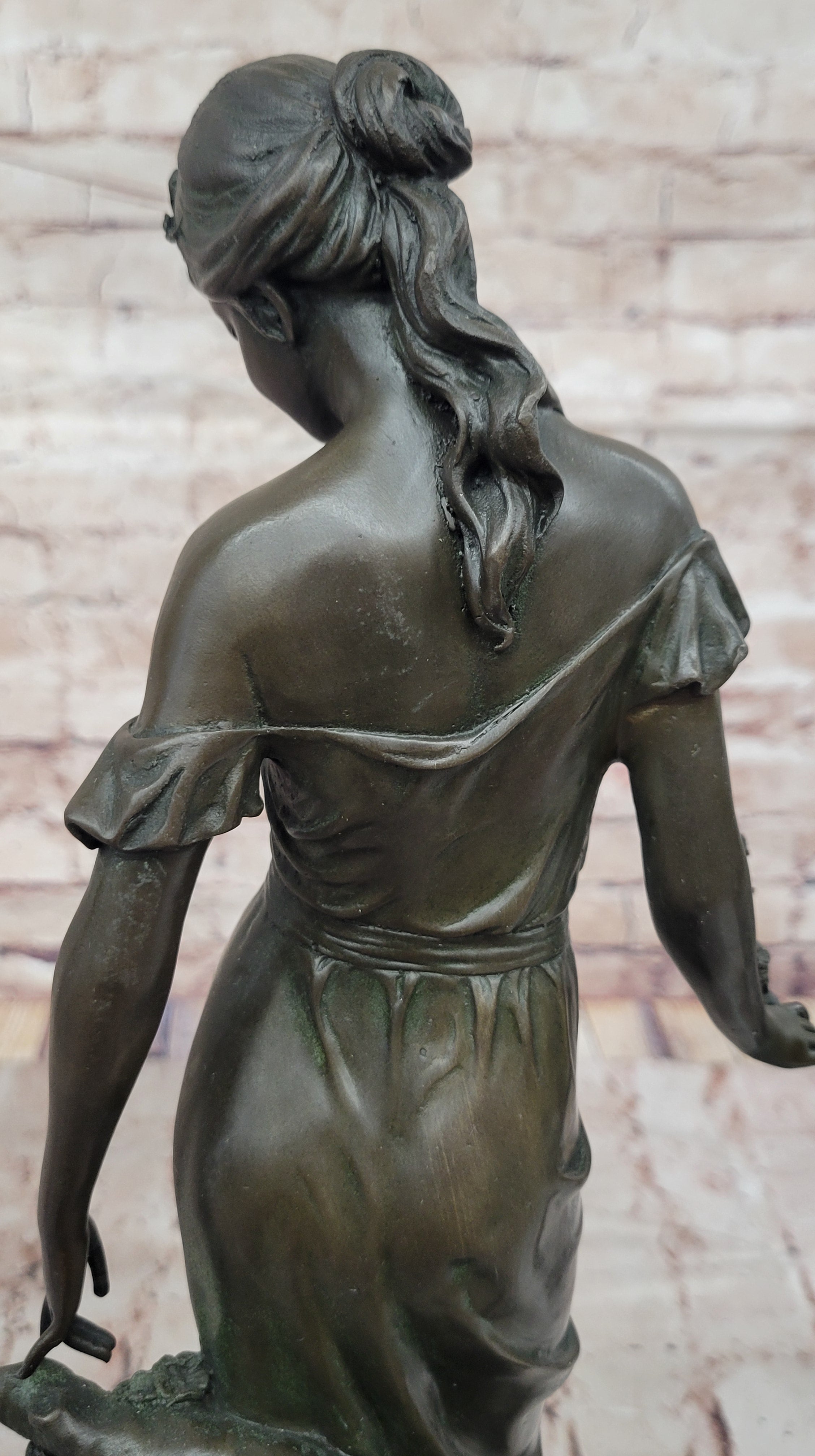 Graceful Bronze Lady Sculpture Holding a Floral Branch, Standing on a Marble Pedestal Base