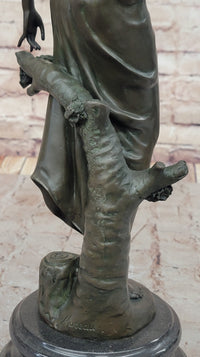 Graceful Bronze Lady Sculpture Holding a Floral Branch, Standing on a Marble Pedestal Base