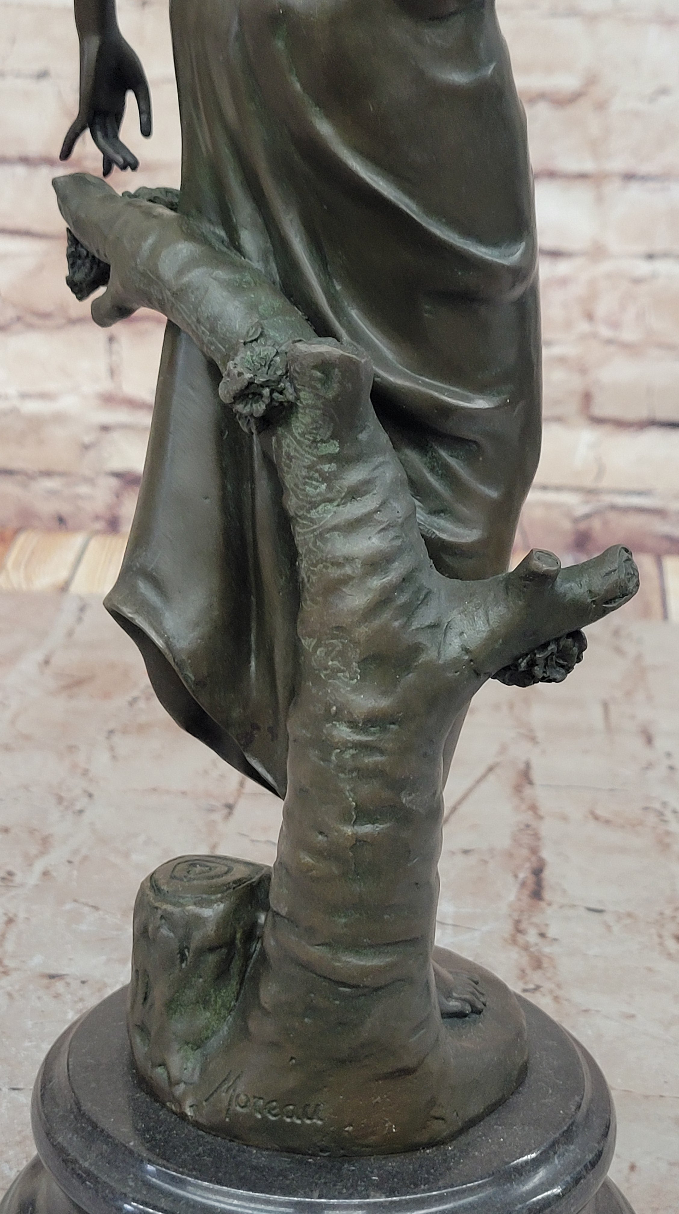 Graceful Bronze Lady Sculpture Holding a Floral Branch, Standing on a Marble Pedestal Base