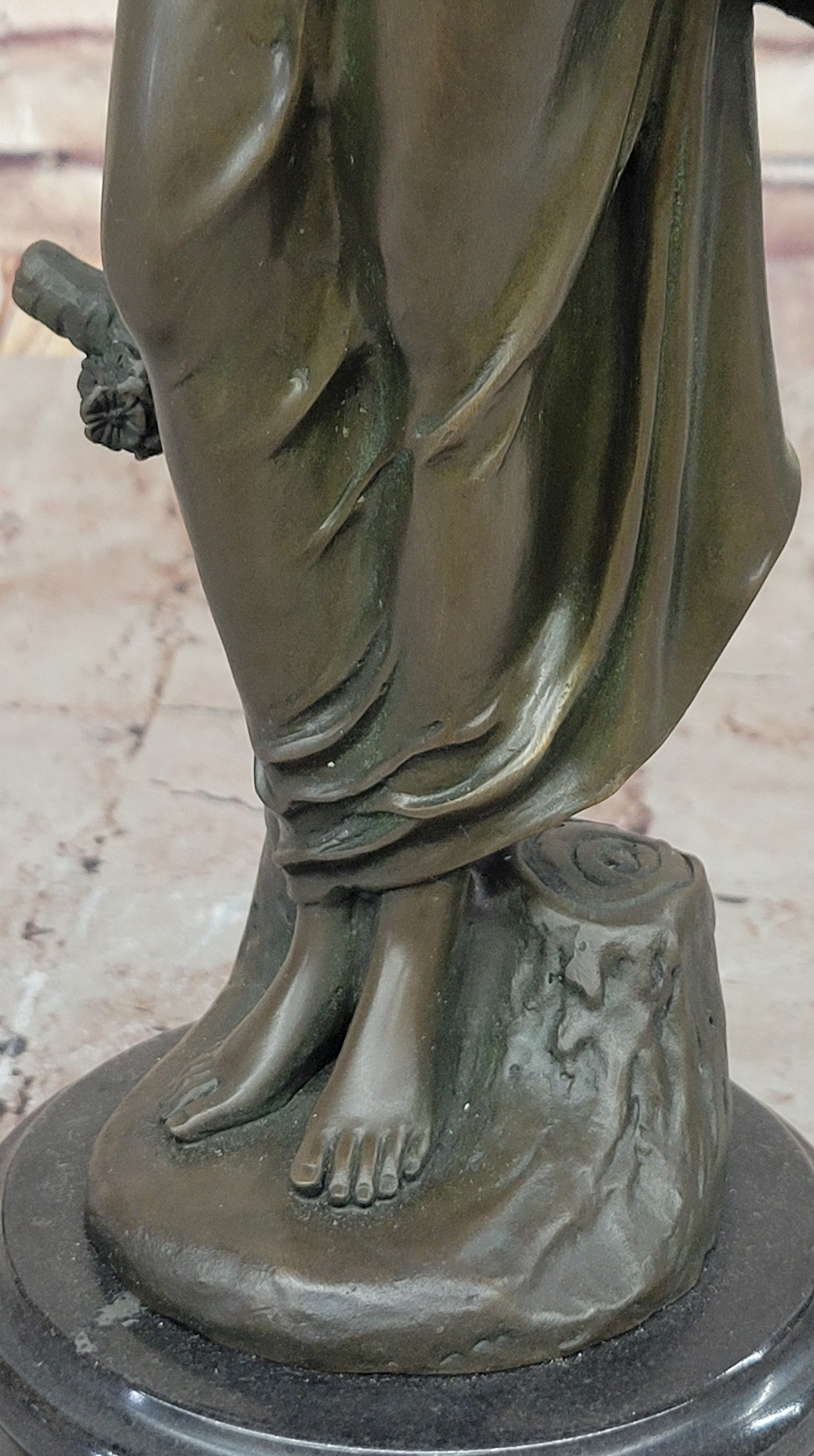 Graceful Bronze Lady Sculpture Holding a Floral Branch, Standing on a Marble Pedestal Base