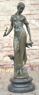 Graceful Bronze Lady Sculpture Holding a Floral Branch, Standing on a Marble Pedestal Base