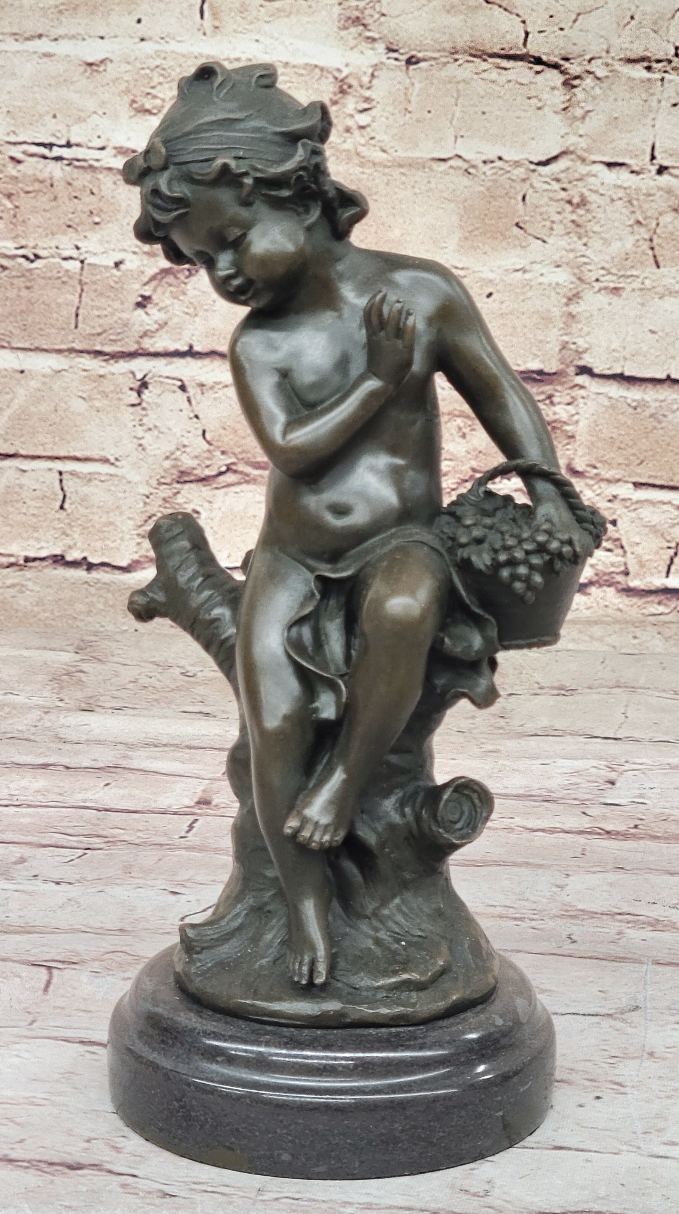 Child Girl Holding Basket of Grapes - Bronze Sculpture by Moreau