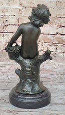 Child Girl Holding Basket of Grapes - Bronze Sculpture by Moreau