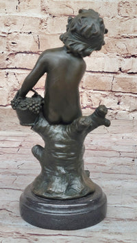 Child Girl Holding Basket of Grapes - Bronze Sculpture by Moreau