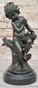 Child Girl Holding Basket of Grapes - Bronze Sculpture by Moreau
