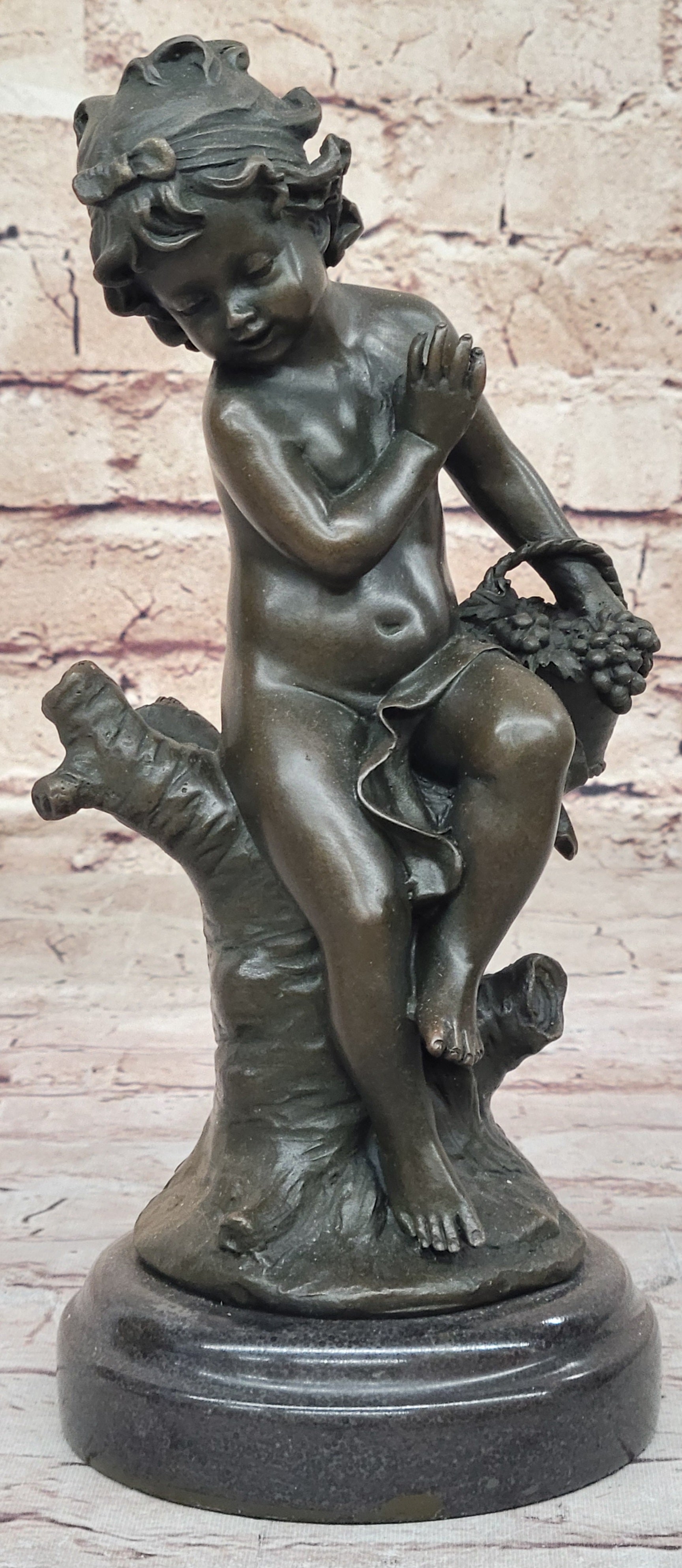Child Girl Holding Basket of Grapes - Bronze Sculpture by Moreau