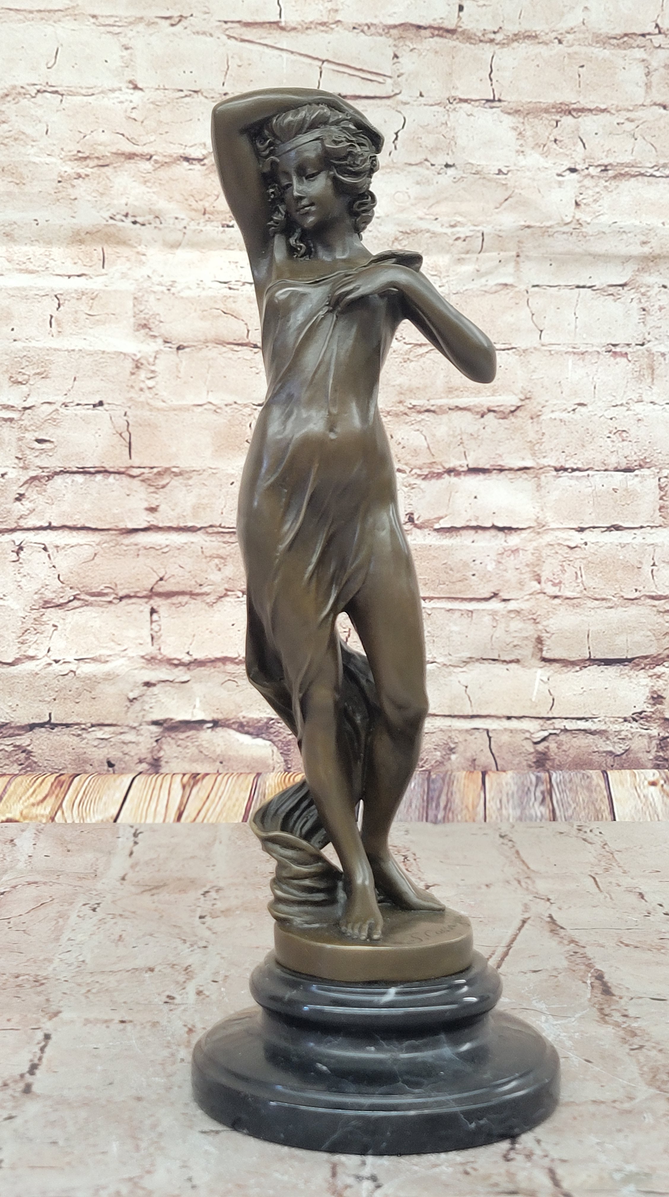 Semi Nude Girl in Graceful Pose Bronze Statue Sculpture Female Figure 14" x 5"