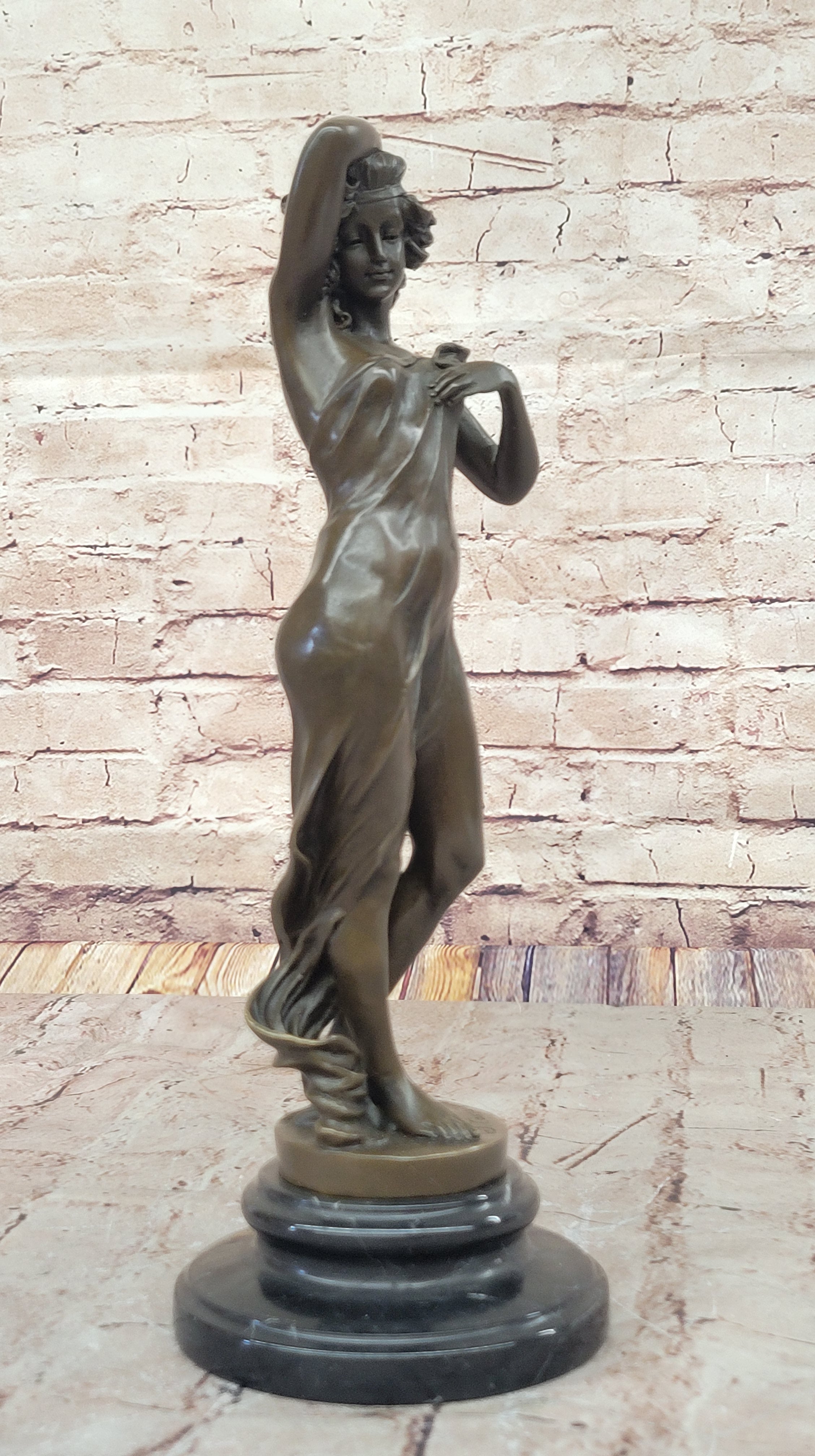 Semi Nude Girl in Graceful Pose Bronze Statue Sculpture Female Figure 14" x 5"