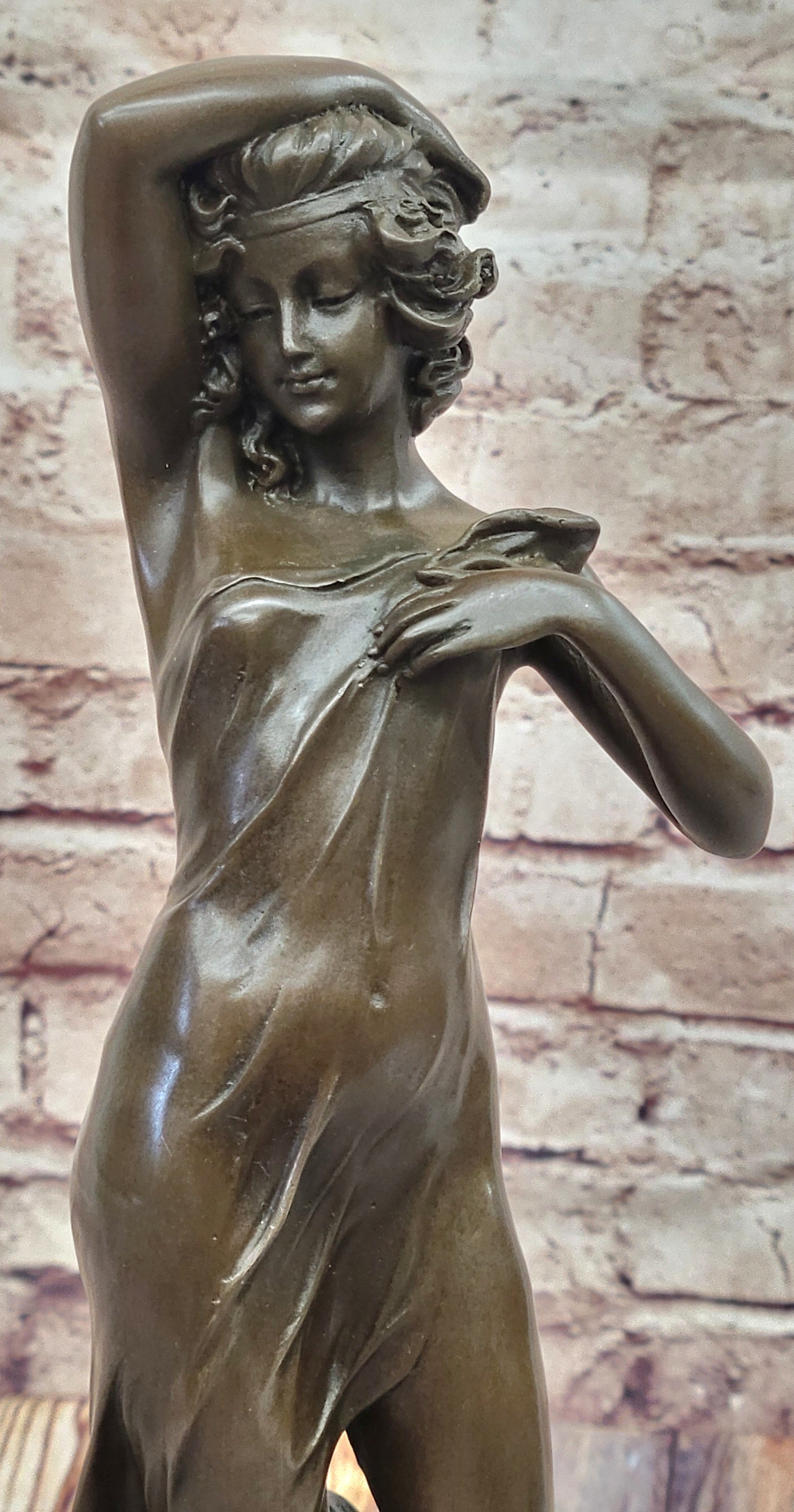 Semi Nude Girl in Graceful Pose Bronze Statue Sculpture Female Figure 14" x 5"