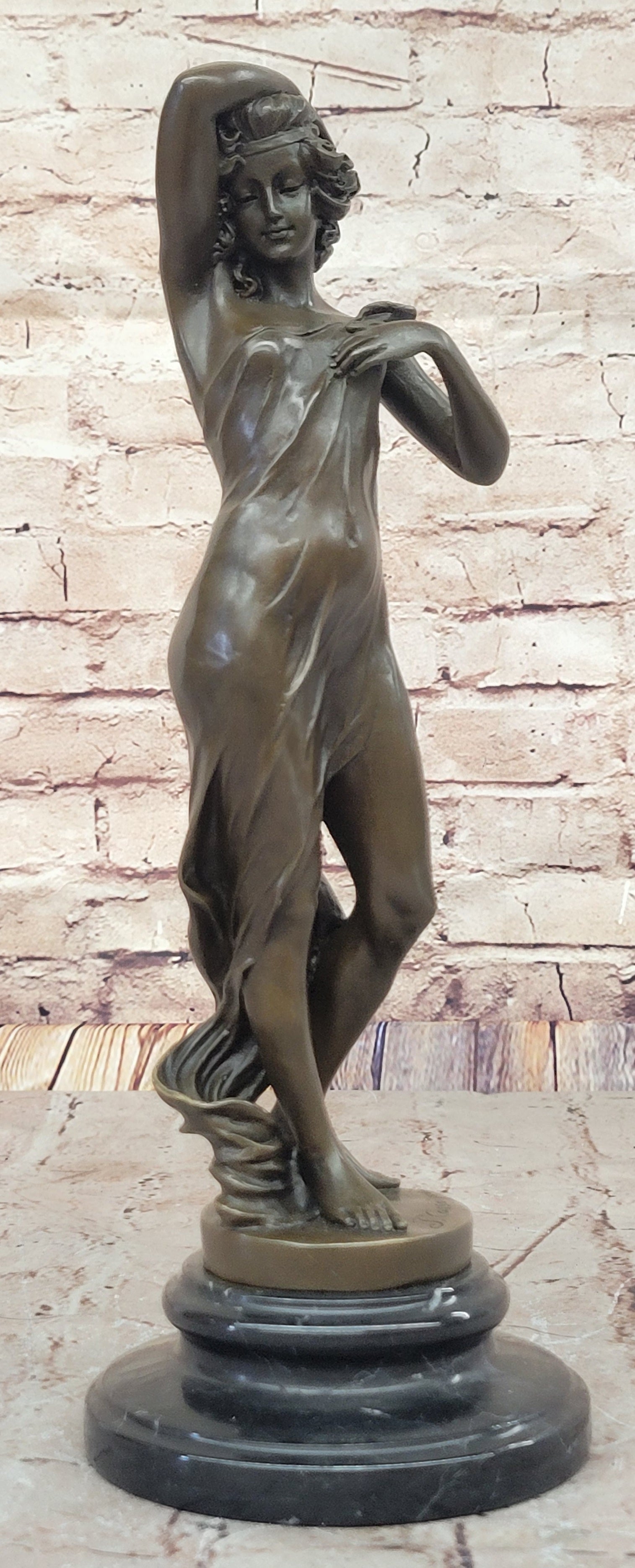 Semi Nude Girl in Graceful Pose Bronze Statue Sculpture Female Figure 14" x 5"