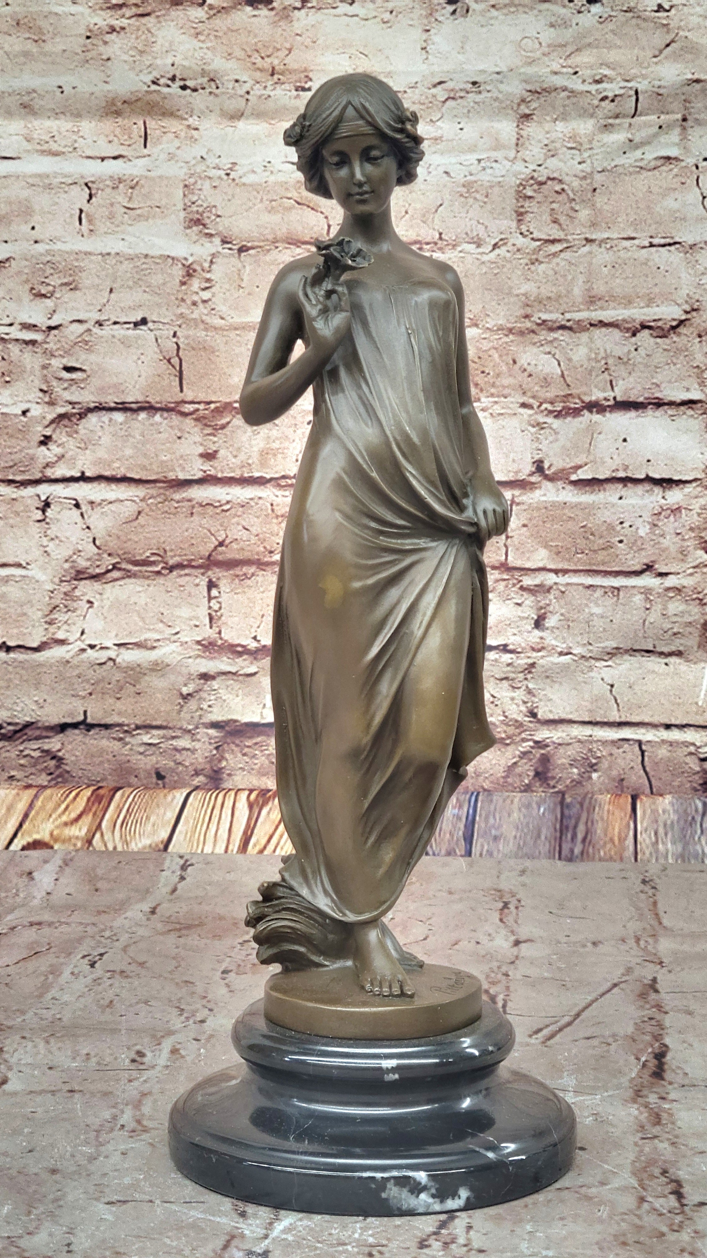Pittaluga “Woman with Flower” – Bronze Sculpture on Marble