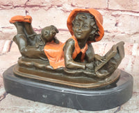 Signed Original Miguel Lopez Girl With Dog Bronze Sculpture Statue Figurine Sale