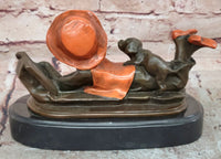 Signed Original Miguel Lopez Girl With Dog Bronze Sculpture Statue Figurine Sale
