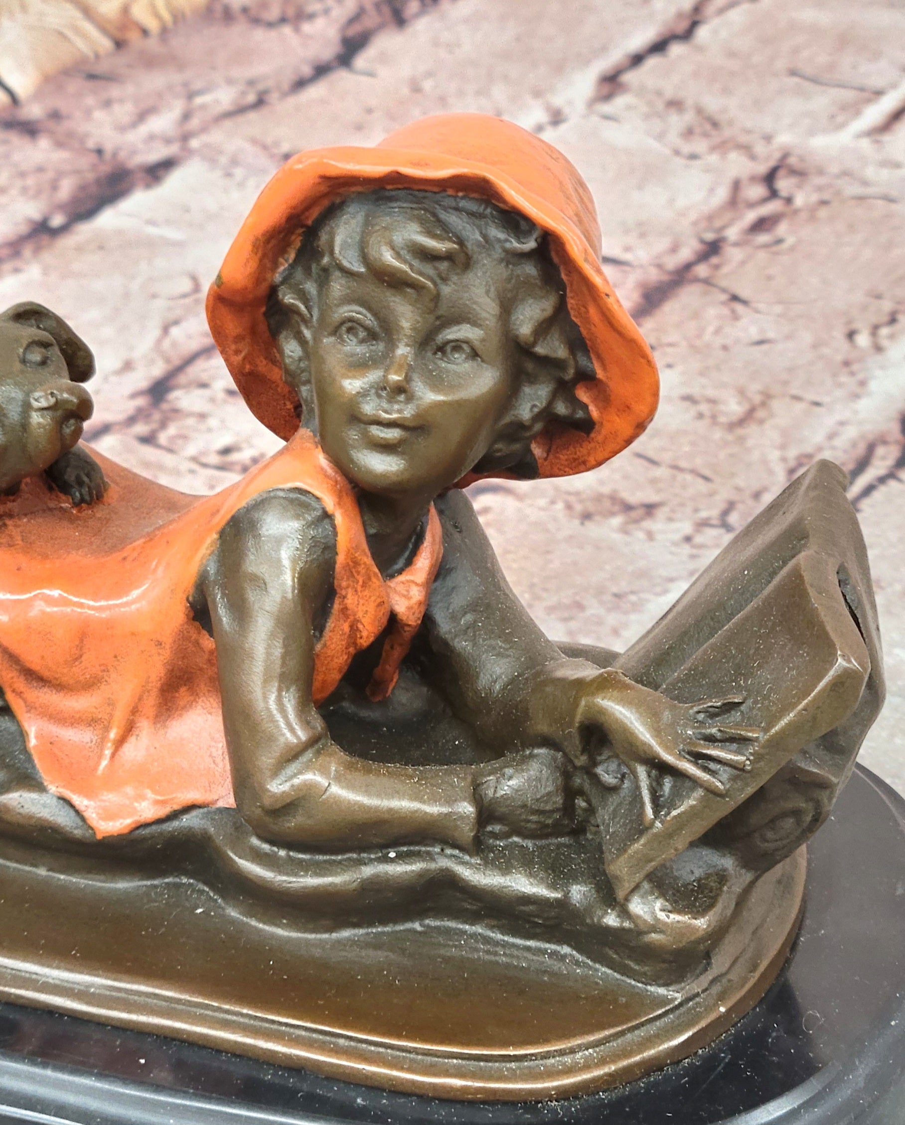Signed Original Miguel Lopez Girl With Dog Bronze Sculpture Statue Figurine Sale