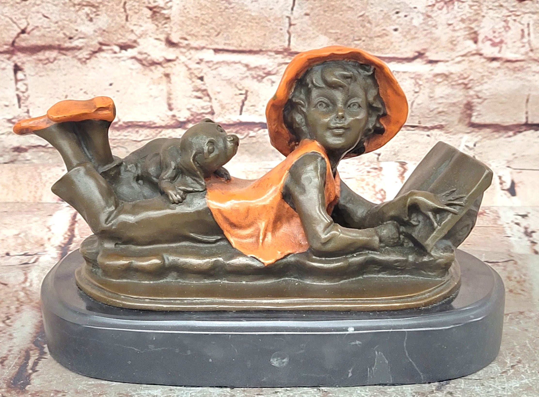 Signed Original Miguel Lopez Girl With Dog Bronze Sculpture Statue Figurine Sale