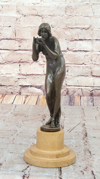 Bronze Woman Drinking from Bowl on Marble Base by Milo