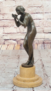 Bronze Woman Drinking from Bowl on Marble Base by Milo
