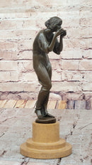 Bronze Woman Drinking from Bowl on Marble Base by Milo